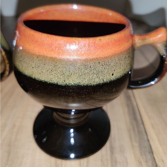 Set of 2 Brown Glaze Footed Pedestal 4½" Tall Coffee Mugs Goblets - Picture 4 of 6